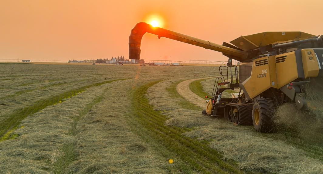 Machinery in a field at sunset